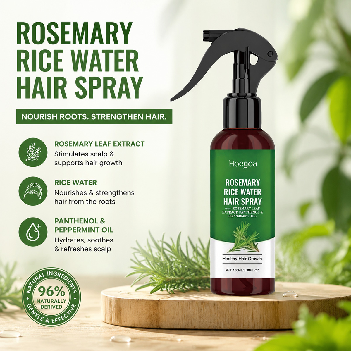 Rose Water Spray - ローズマリーライスウォーターヘアースプレー（ローズマリーエキス配合）は、健康な髪の成長を促進し、抜け毛を軽減し、頭皮に栄養を与え、毎日のケアに最適です。