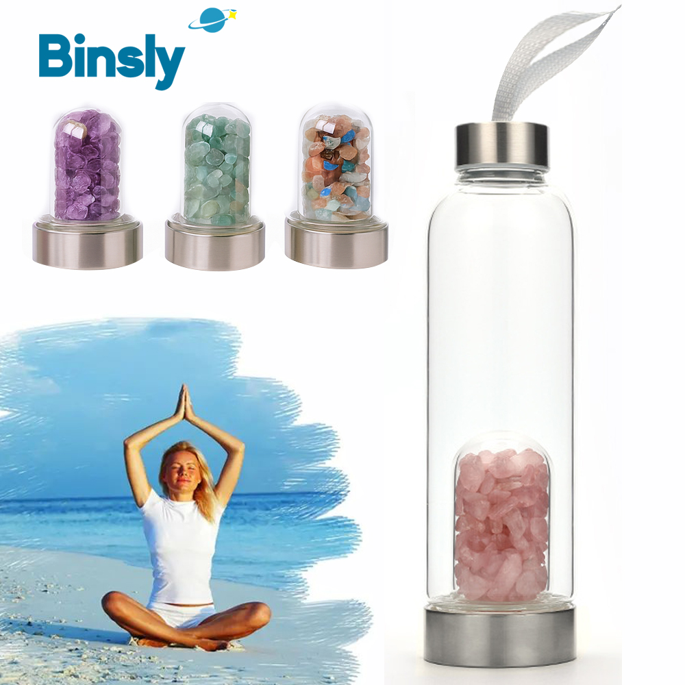 Rose Water Spray - 天然水晶ガラス製ウォーターボトル、宝石インフューザー付き、ローズクォーツ、アメジスト、アベンチュリン、エネルギー飲料ボトル、スチール蓋付き