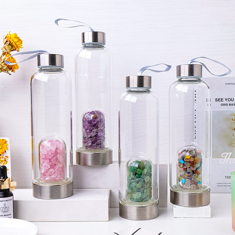 天然水晶ガラス製ウォーターボトル、宝石インフューザー付き、ロ - Rose Water Spray のレビューと価格